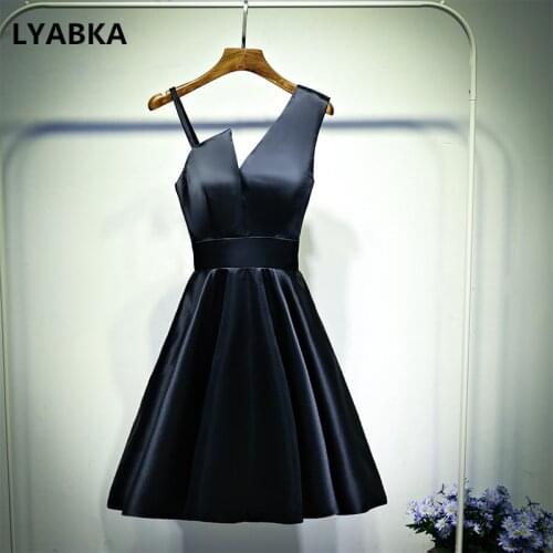 Prom Dresses Vestido De Festa New Fashion Prom Dress Elegant Sexy V-Neck Black Satin Short Prom Dresses 2019 Gala Dress Evening