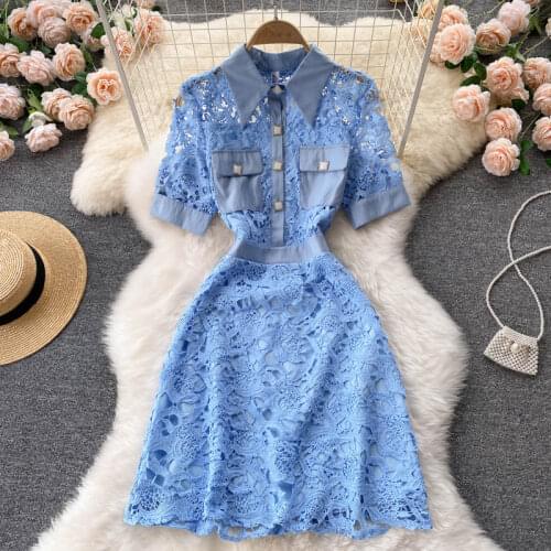Amolapha Women Summer Clothes Polo Collar Single Breasted Hollow Out Short Sleeve Embroidery Retro Lace A-Line Dress
