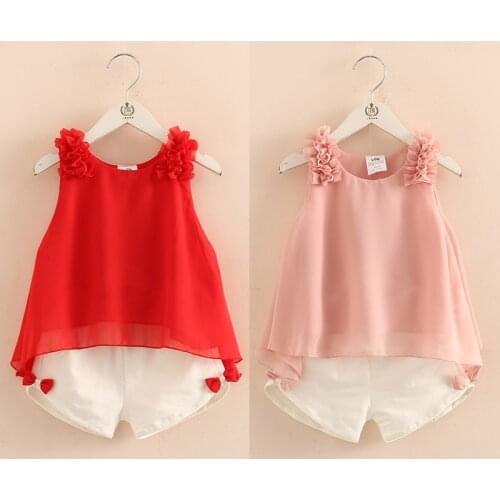 2021 Casual Cute 2 3-4 6 8 10 Years Solid Color Bow Flower Sleeveless T-shirt+Shorts 2 Pcs Baby Kids Girls Summer Clothing Set