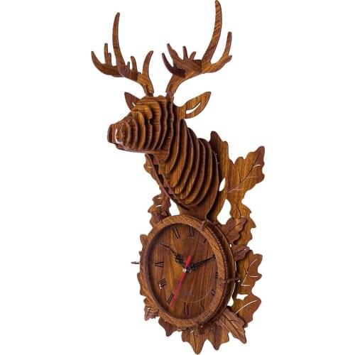 38Pcs DIY Wooden Clock Puzzle Model Kit Laser Cutting 3D Deer Wall Clock - Black Walnut Color