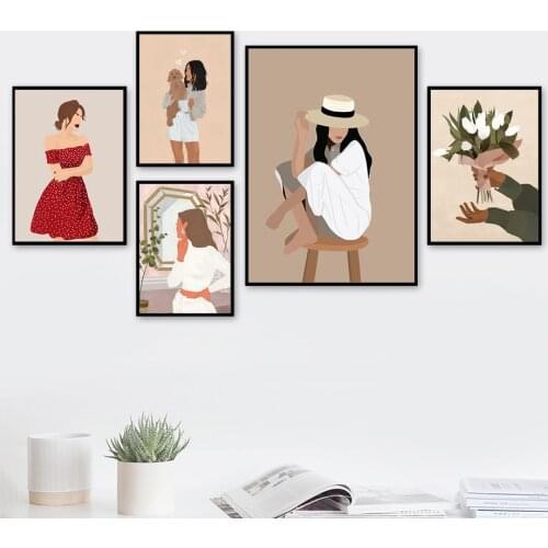 Abstract Boho Fashion Girl Dog Minimalist Wall Art Canvas Painting Nordic Posters And Prints Wall Pictures For Living Room Decor