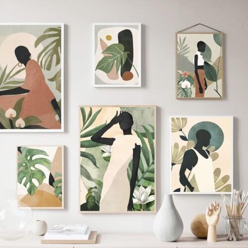 Abstract Fashion Black Girl Monstera Leaf Wall Art Canvas Painting Nordic Posters And Prints Wall Pictures For Living Room Decor