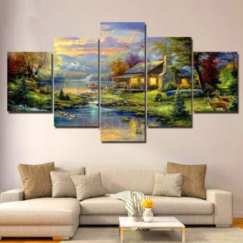 Cabin Deer Diamond Painting 5 Panel 5d Diy Diamond Embroidery cross stitch full Square drill Diamond Landscape Home Decor TT5608