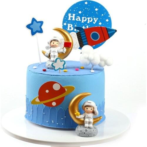 Astronaut Happy Birthday Cake Topper Paper Spaceship Birthday Cupcake Topper Decor for Baby Birthday Party Cake Decorations