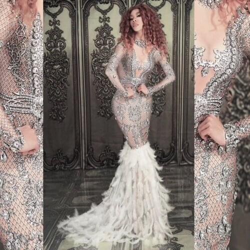 Sparkly Silver Rhinestones Stretch White Feather Tail Dress Women Evening Prom Celebrity Party Long Dresses Singer Stage Costume