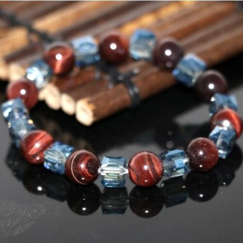 10mm red natural tiger eyes stone round 8mm square crystal diy bracelets & bangles for women gifts jewelry 7.5inch B2963