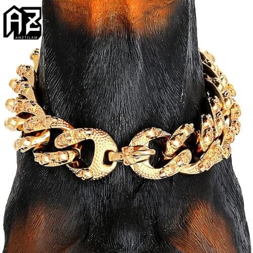 AZ 30mm Width Big Gold Color Retro Skull 316L Stainless Steel Pet Dog Cuban Link Chain Strong Metal Links Training Chain