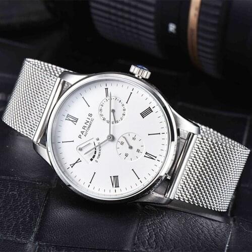 Parnis Mens Watch Automatic Watch Mechanical Self Winding Power Reserve Luxury Brand Waterproof Sport Calendar Wristwatch Men