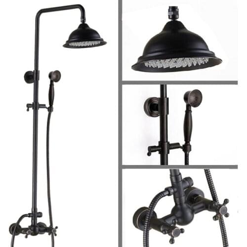 Black Oil Rubbed Brass Dual Cross Handles Bathroom 8 Inch Round Rain Shower Faucet Set Bath Mixer Tap Hand Shower mrs412