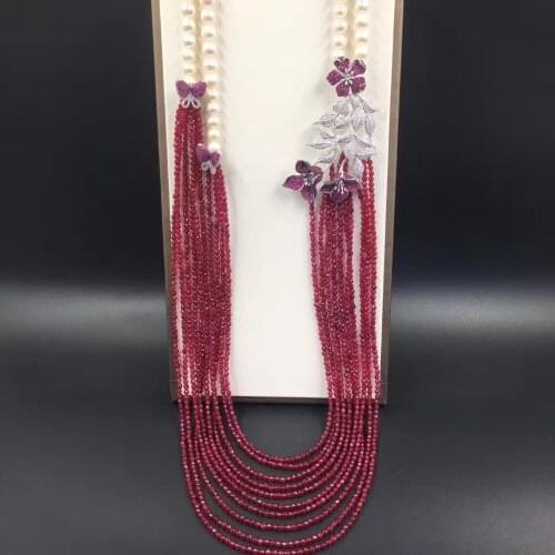 Long fresh water pearl necklace multi layers semi-precious stone 925 sterling silver with cubic zircon butterfly flower