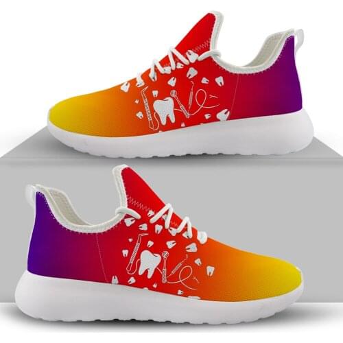 ELVISWORDS Cartoon Tooth Dental Printed Casual Flats Shoes for Women Comfort Female Walking Shoes Light Ladies Mesh Knit Sneaker