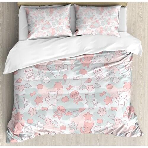 Doodle Duvet Cover Set Cartoon Styled Cute Cats Bats and Skulls Japanese Inspired Kawaii Design Decorative 4 Piece Bedding Set