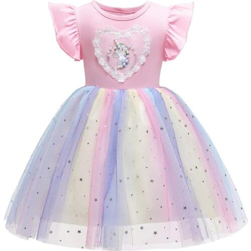 Summer Kids Girls Dress Fashion Brand High Quality Rainbow Sequined Mesh Princess Dresses For Children Girl Birthday Party Dress