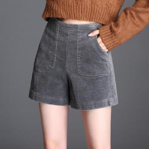 Winter Fall Casual Woman Green Black Grey Elastic High Waist Wide Leg Corduroy Shorts , 2018 Autumn 4xl Women Female Shorts