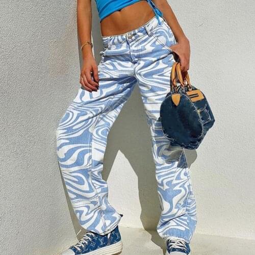 Zebra Print Straight Pants Women Jeans Korean Style High Waist Skin-friendly Cotton Blend Slim Baggy Denim Jeans for Daily Wear