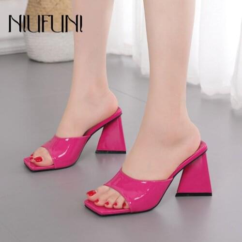 Open Toe Square Head Triangle Thick High Heels Womens Slippers Size 35-42 Candy Color Simple Summer Slip-On Slides Solid Color