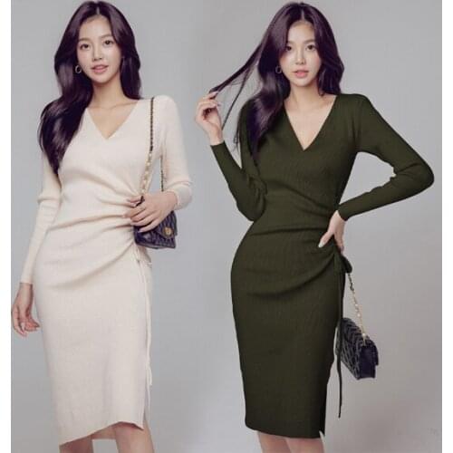 2021autumn winter fashion Korean women V-neck slim high elastic drawstring long sleeve knit dress