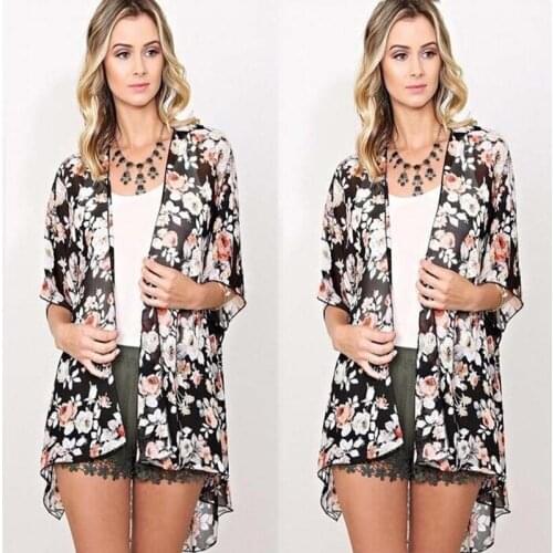 Women Fashion Batwing Sleeve Chiffon Casual Blouse Floral Print Loose Kimono Shirts Beach Tunic Tops Peplum Blusas Big Size