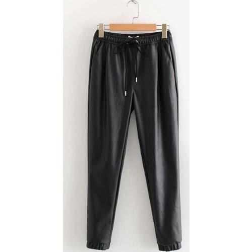 2020 Fashion Elastic Waist Drawstring Tie Ankle Trousers Vintage Style Black PU Leather Pockets Pants For Women
