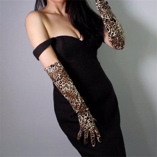 Women Long Section Leopard Leather Gloves 50cm Patent Leather Simulation Leather PU Bright Leather Golden Brown Animal Pattern