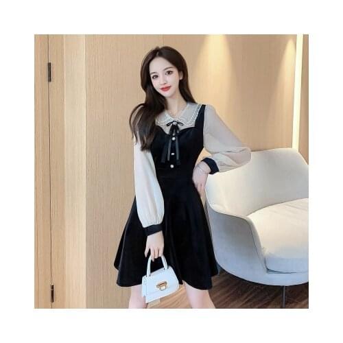 Vintage Velvet Black Dress Stand Neck Lantern Sleeve Party Robe High Waist Slim Vestidos Korean Elegant Dresses Women
