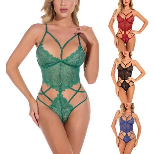 Women Sexy Close-fitting Bodysuit Deep V-neck Set Sleeveless Lace Hem Royal Blue/ Wine Red/ Black/ Green