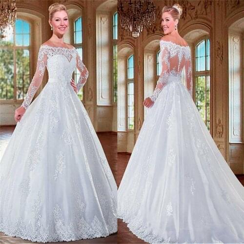 Bateau Long Sleeves Women Wedding Dresses Lace Appliques Bridal Gowns With Buttons Back Vintage Spring Robe De Mariee