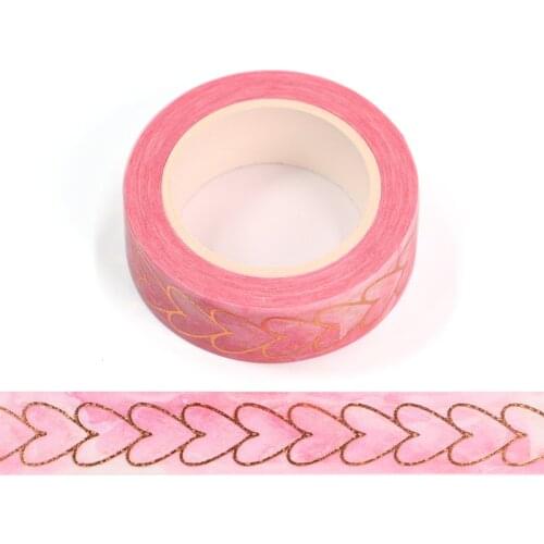 1PC 15MM*10M Foil Yellow Heart Pink Decorative Washi Tape DIY Scrapbooking Masking Tape School Office Supply