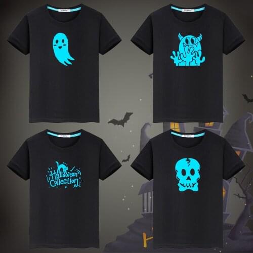 Kids Boy T-shirts Fluorescent Luminous T Shirt Halloween Print Men Short Sleeve T-Shirt Tops Tee Cotton Summer Unisex Sweatshirt