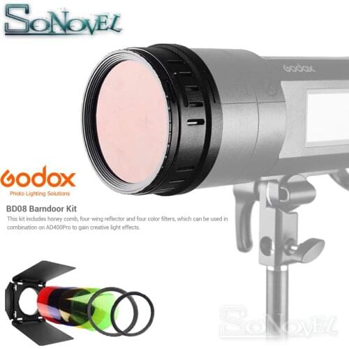 Godox BD-08 Barn Door with Honeycomb Grid and 4 Color Gel Filters for Godox AD400Pro Outdoor Flash(Red Yellow Blue Green)