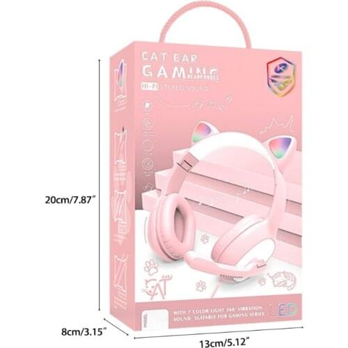 F19E Gaming Headset for Gilrs Boys PC Stereo Gaming Headphones USB7.1 With Mic Cat Ear Deco LED Light for Laptop