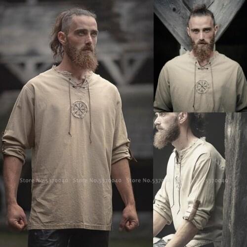 Medieval Viking Pirate Saxon T-Shirt Cosplay Cosplay Knight Tunic Men Jackets Vintage Halloween Carnival Party Tee Tops Blouse