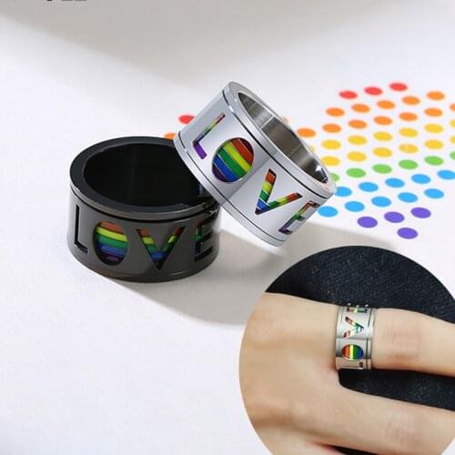 11mm Black Spinner Ring for Men Hollow Rainbow LOVE Wedding Band Glossy Stainless Steel Rotatable Stress Release LGBT Anel