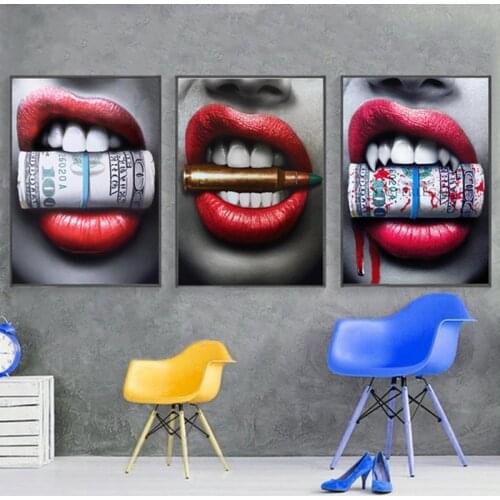 Money and Bullet In The Red Lip Beauty American Oil Painting Bar Restaurant Background Wall Decoration Canvas Painting Art
