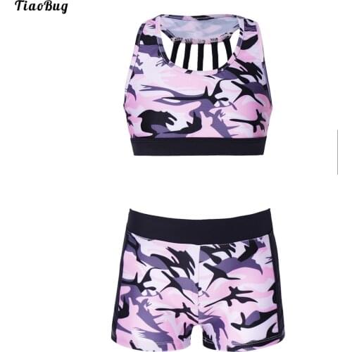 TiaoBug Summer 2Pcs Kids Girls Sportswear Suit U Neck Sleeveless Crop Bra Top Shorts Set For Yoga Running Gym Fitness Swimming