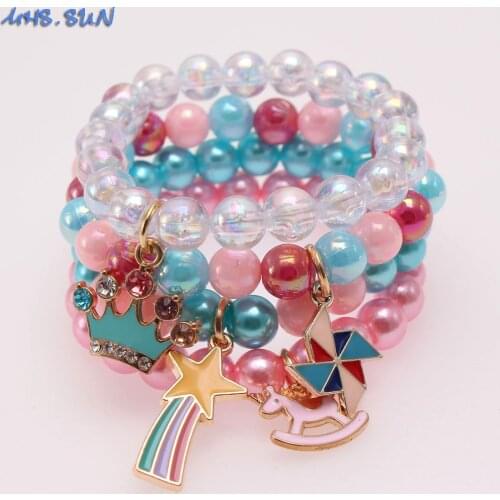 MHS.SUN Adorable Unicorn/Rainbow/Crow Pendant Beads Bangles For Girls Baby Child Colorful Elastic Beaded Bracelet Jewelry 4Pcs