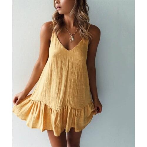 Cotton Linen Mini Dress Women 2021 Summer Sexy V Neck Spaghetti Strap Ruffle Backless A Line Dress Ladies Holiday Beach Sundress