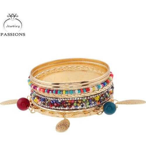 New Bohemian Multilayers Tassel Colorful Crystal Beads Bangle Ethnic Style Gold Color Bracelet Set Bangles Women Jewelry Gift