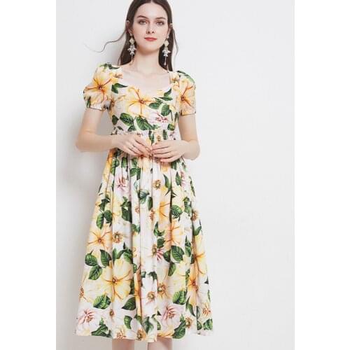 Menahem Women Double Cross V-Neck Short Puff Sleeve Dress 2021 Summer Beach Floral Print Elegant Elastic High Waist Midi Cotton