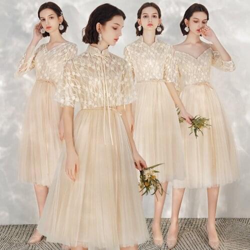 Bridesmaids Dresses Illusion V-Neck Half Spaghetti Straps Lace Tulle A-Line Knee-Length Champagne Women Wedding Party Gown E719