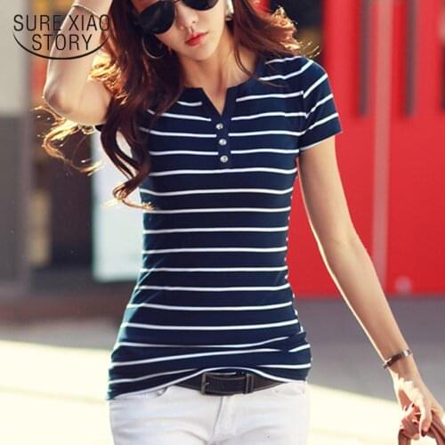 Casual Tshirts 2021 Summer Top Cotton Shirts V-neck T Shirt Women Short Sleeve White Strip T-Shirt Plus Size Tee Shirt 3188 50