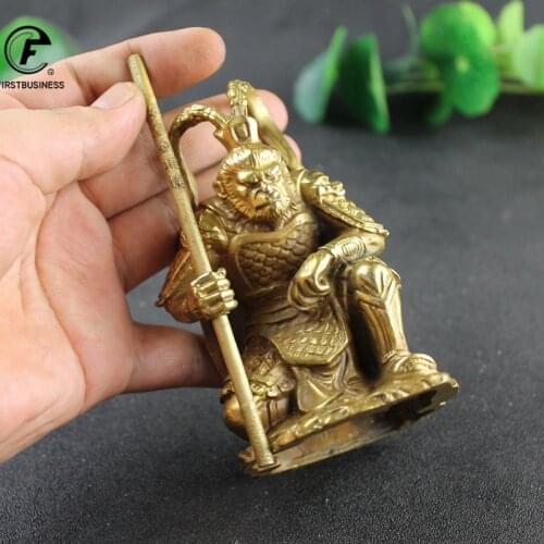 Antique Gold Brass SunWuKong Monkey King Figurines Retro Office Desktop Decoration Miniature Car Ornament Bronze Home Decor