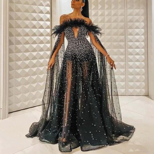 SuperKimJo Feather Prom Dresses Long Dubai Fashion Beaded Black Luxury Sexy Prom Evening Gown Robe De Soiree 2020