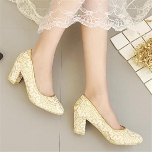 Shoes Woman Thick High Heels Pumps Women Lace Slip On 7CM Round Toe Dress Office & Career Party Wedding Fashion Classics Shallow