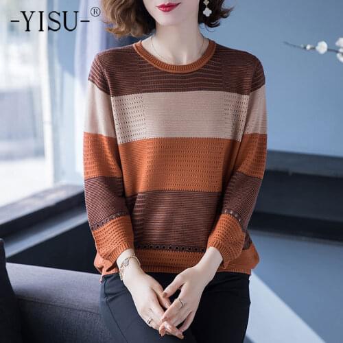 YISU 2021 Spring Women Sweater O-Neck Spring tops wool Long sleeve Female Jumper Casual Stripe All-match Knitted pullover