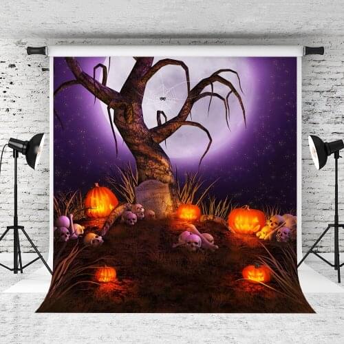 VinylBDS Halloween Studio Backdrop Fire Pumpkin Fantasy Photo Backdrops Purple Night For Party Washable Background Backdrop