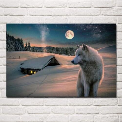 Winter snow landscape nature night moon wolves KD191 Living room home wall modern art decor wood frame fabric poster prints