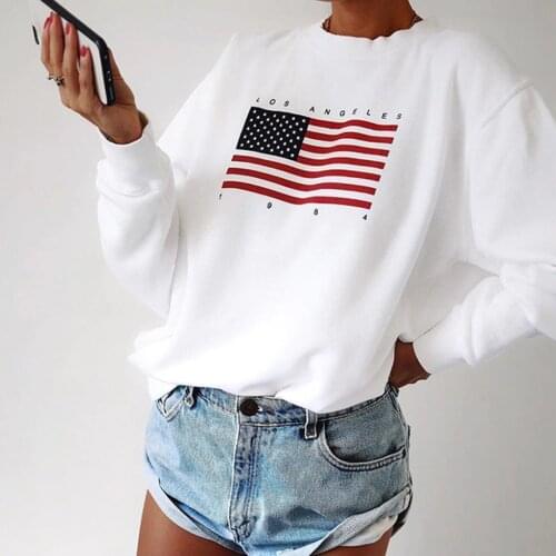 Usa Flag Print New Women Fashion Long Sleeve Hoodie Sweatshirt Harajuku Jumper Hooded Pullover Casual Loose White Chic Tops