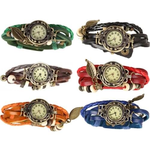 Newly Vintage Bracelet Quartz Wrist Watch with Weave Wrap Leather Band Leaf Beads for Women