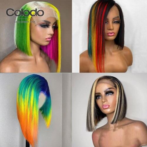 13x6 Lace Front Human Hair Wigs with Baby Hair Pre Plucked Rainbow Bob Wig Brazilian Remy Ombre Human Hair Wigs COLODO for Women
